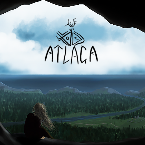 Artwork from Atlaga game showing girl looking out over a wilderness